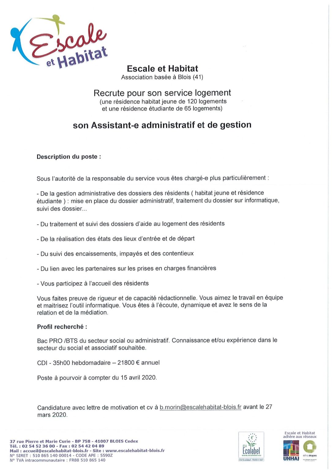 Le Foyer des Jeunes Travailleurs de Blois recrute ! Escale et habitat